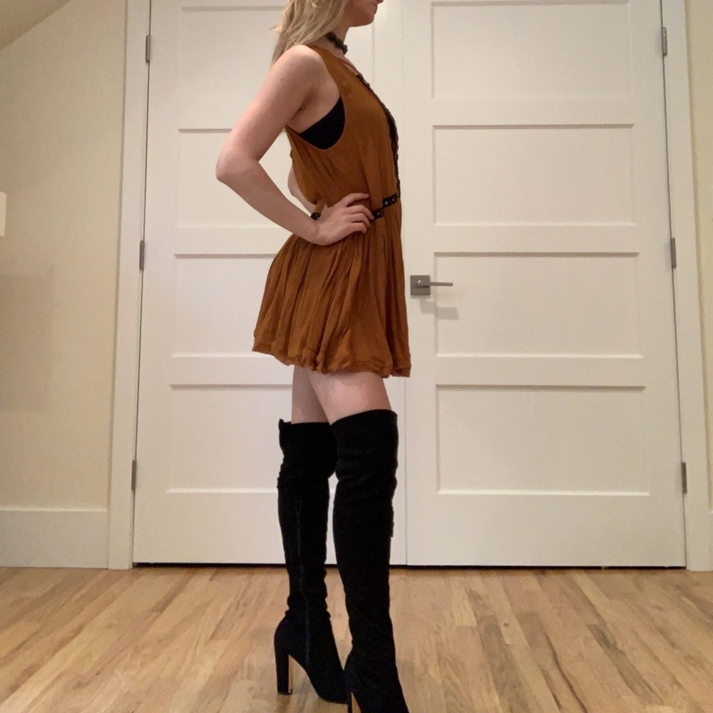 Madden Girl black faux suede over the knee boots! Size 7 gold heel lace up